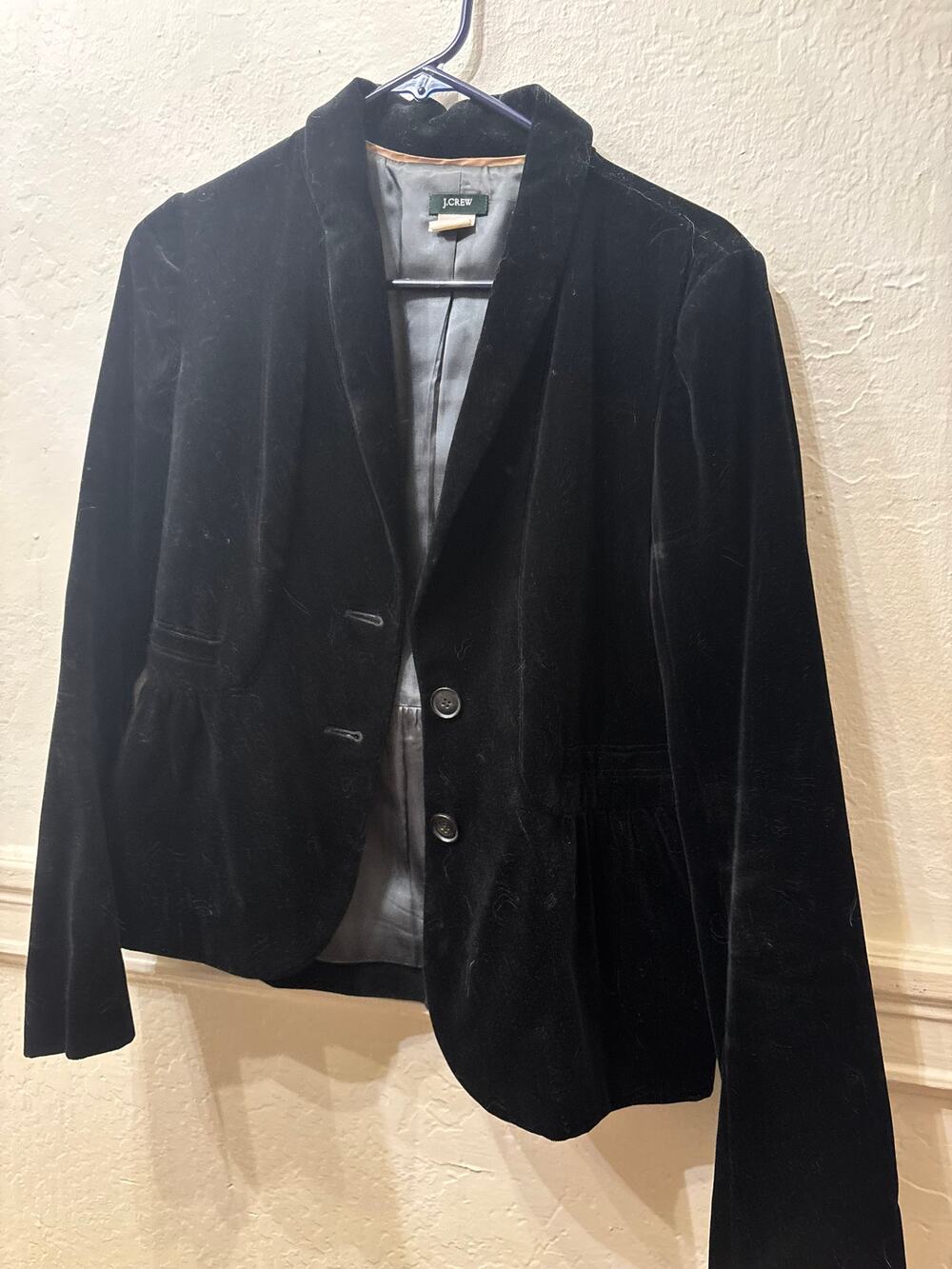 J.Crew Black Velvet Peplum Blazer Size 6 Gold Trim 2-Button Cotton Lined Jacket